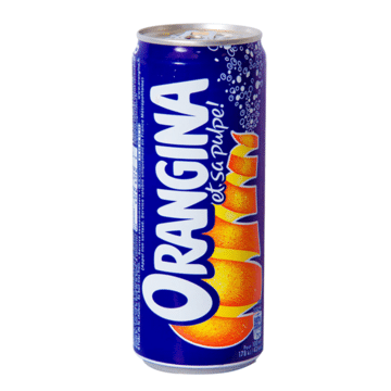 Canette bleue d'Orangina et sa pulpe, montrant l'écorce d'orange en spirale, avec le texte "ORANGINA et sa pulpe !".